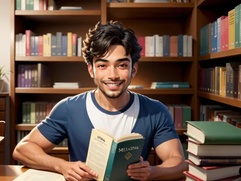 um homem brasileiro de pele morena estudando numa mesa cheia de livros sorrindo, behind shelves full of books.