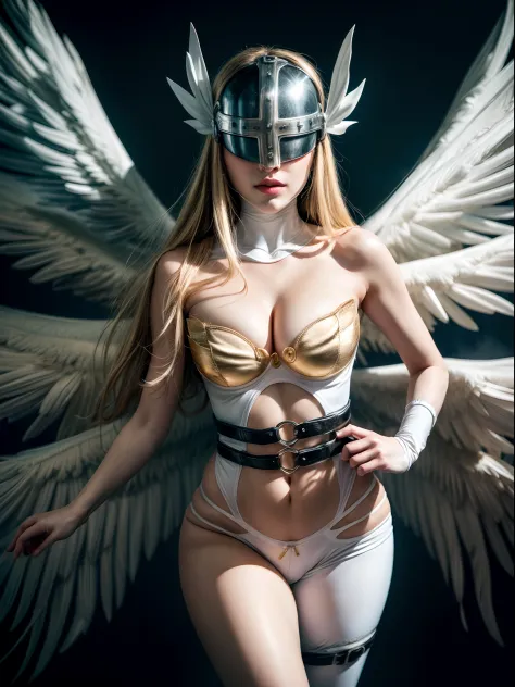 (masterpiece, best quality:1.4), (future days), (standing:1.5), (dynamic angle), 1girl, solo, (european youth:1), Angewomon, Digimon, winged helmet, helmet over eyes, helmet on, covered eyes, white multiple wings, white wings, pink hagoromo, single glove, ...