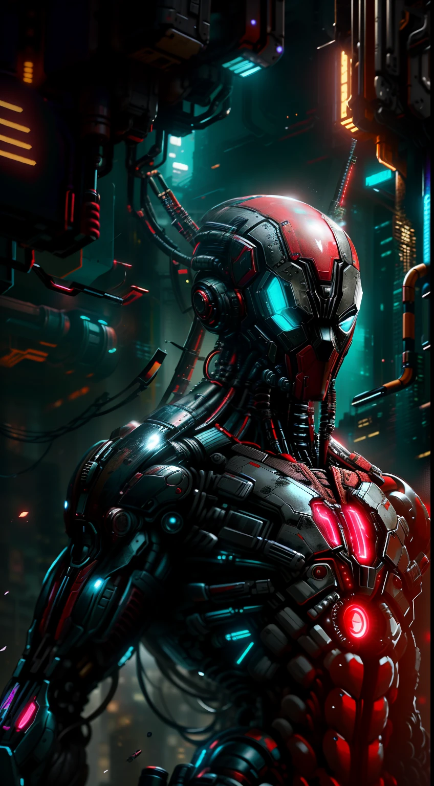 Deadpool from Marvel photography, biomechanics, complex robot, red, full growth, full body photo, hyper-realistic, crazy little details, incredibly clean lines, cyberpunk aesthetic, masterpiece featured on Zbrush Central, cyberpunk city backdrop