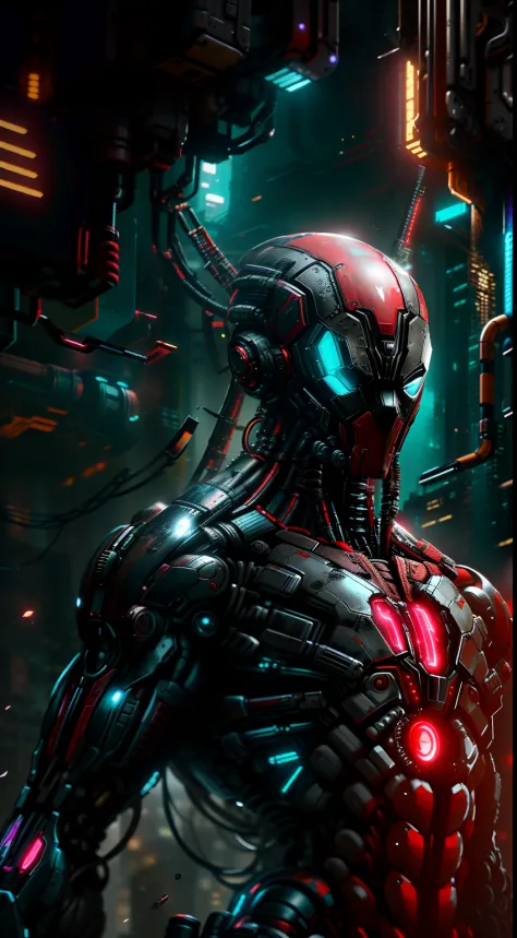 Deadpool from Marvel photography, biomechanics, complex robot, red, full growth, full body photo, hyper-realistic, crazy little ...
