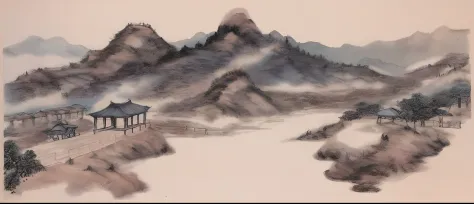 quadratic element，Xianxia，Ink wind，Light color，The bottom half of the picture is mountains。A man holding a Han sword stands on a mountain in the center of the picture，The human body should take up a small picture。The picture works as a pavilion，Be in a hal...