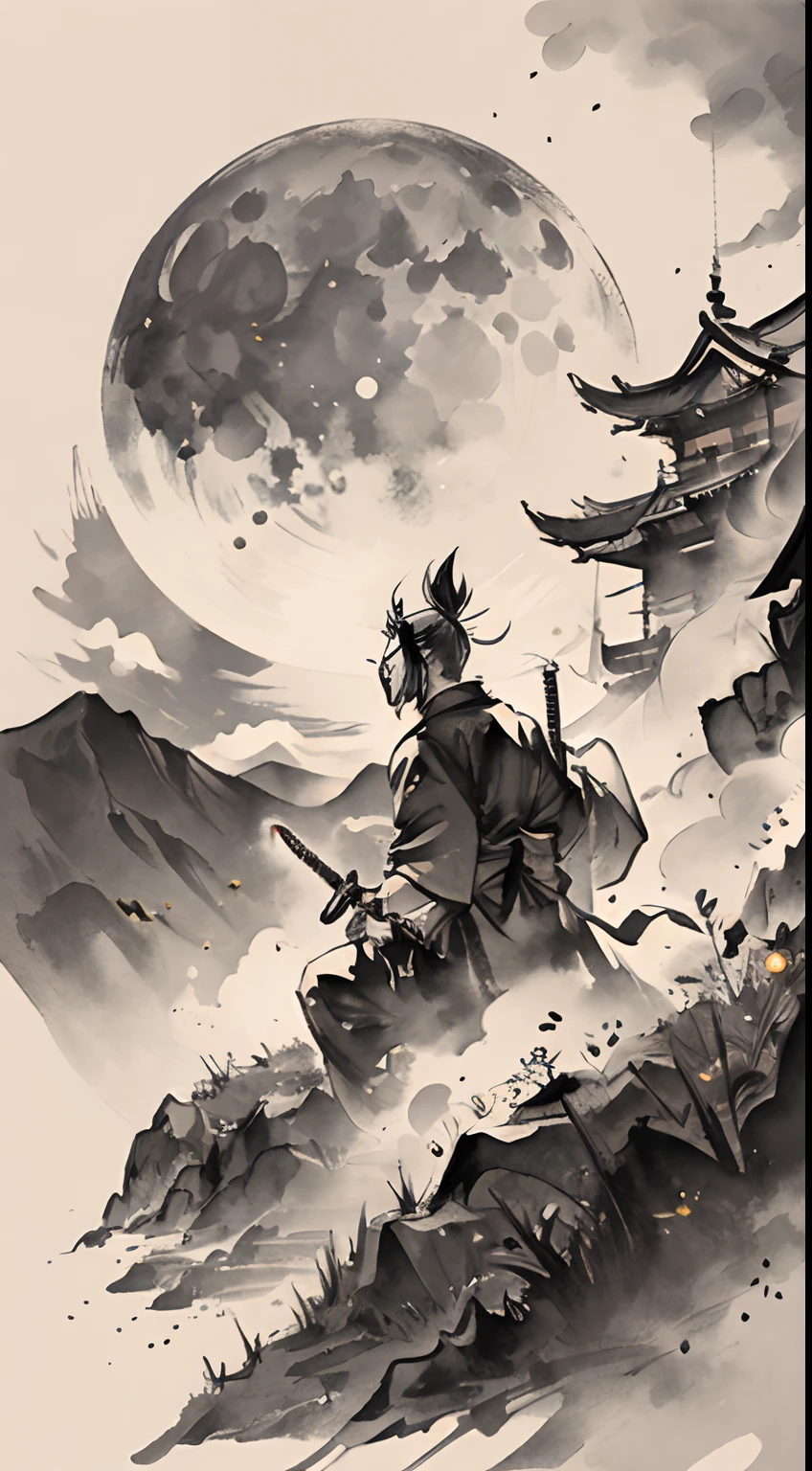 ein großartiges Meisterwerk, hohe Qualität, Nachtzeit, Hügel, Wolken, Vollmond, langes Haar, Junge mit Schwert, Silhouette, Glühwürmchen, Samurai der Sengoku-Zeit, Eine Axt