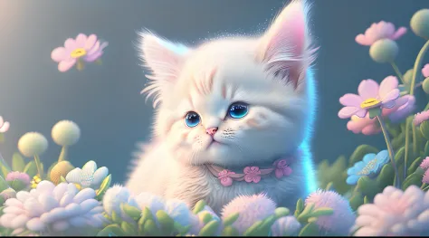 In this ultra-detailed CG art, the adorable kitten surrounded by floral flower, Pastel and neon colors, best quality, high resolution, intricate details, fantasy, cute animals