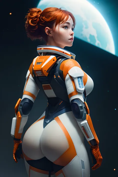 best quality, particle effect, raytracing, scening lighting, perfect lighting, masterpiece ,(female space soldier, wearing orange and white space suit, helmet, tined face shield, rebreather, accentuated booty) ,8k resolution, pretty face, chubby body, volu...