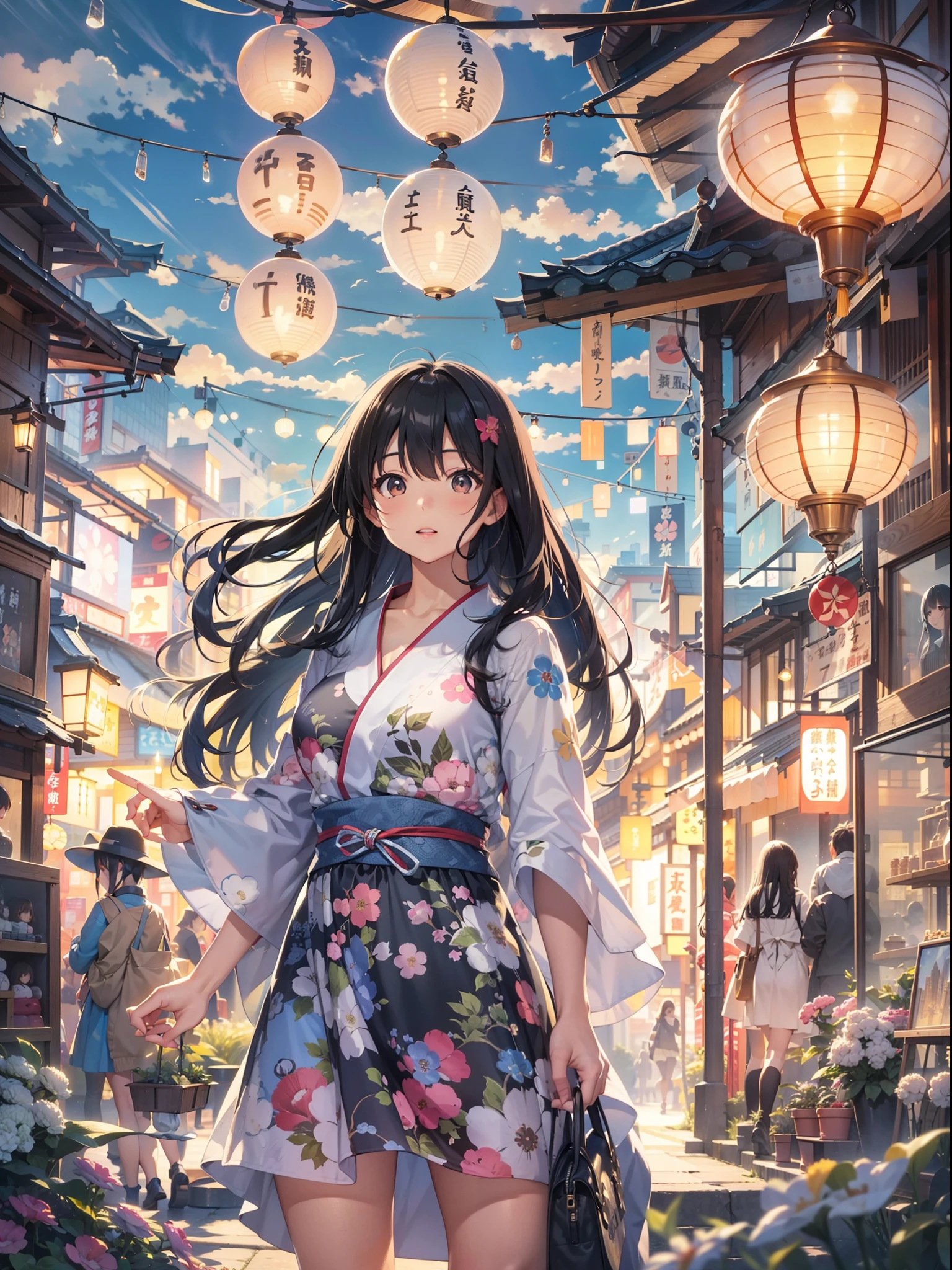Top image quality　Original Characters、City Girl、summer clothing、Long Black Hair、A city made up of Japan glass wind chimes、Giant Entrance Cloud、evening glow