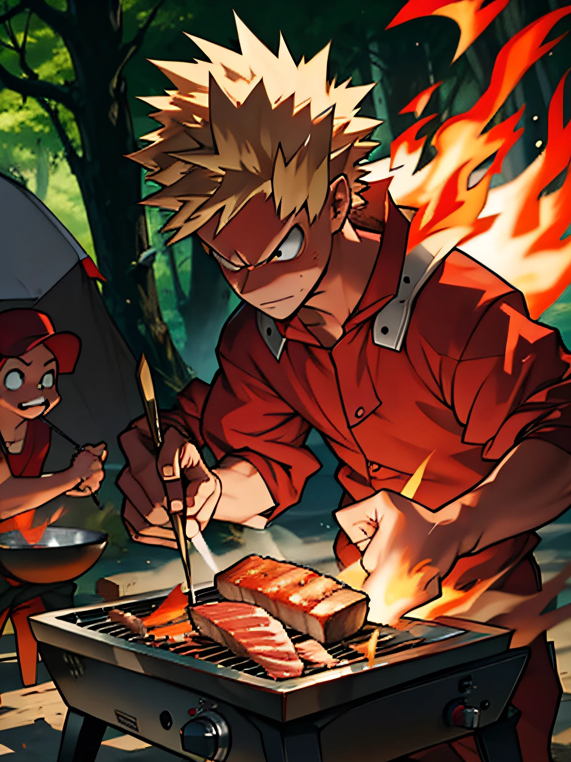 ​masterpiece、top-quality、ighly detailed、bakugo、Angry、soio、Fire starter、Grilling meat、cook、campsite、the woods