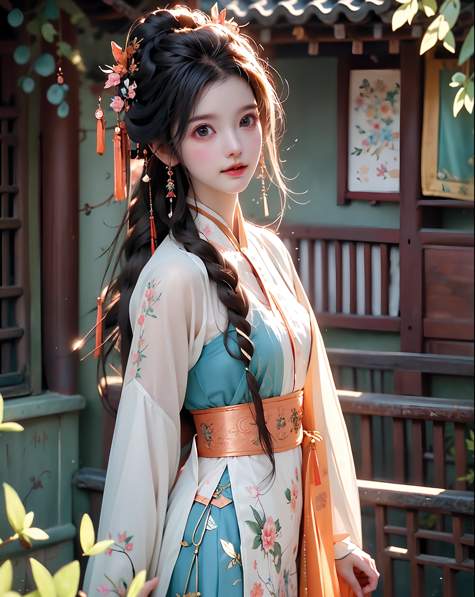 (8k, RAW photo:1.2), best quality, ultra high res,dramatic angle,(fluttered detailed color splashs), (illustration),(((1 girl))),(long hair),(rain:0.9), (头饰:1.4),少女身边有一座古宫,汉服,(重点),彩色水墨画,(泼彩),泼彩,(((colorful))),(素描:0.8) , Masterpiece, best quality, beautiful painted, highly detailed,(denoising:0.6),[splash ink],((ink refraction)), (beautiful detailed sky),moon,highly,detaild,(masterpiece, best quality, extremely detailed） CG unity 8k壁纸，杰作，最好的质量，超详细），（石蒜），