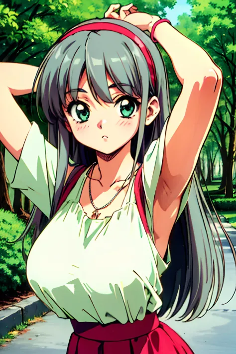 retro artstyle, 1990s (style), 1girl, solo, long hair, breasts,   grey hair, hairband,   necklace, arm up,  large trees