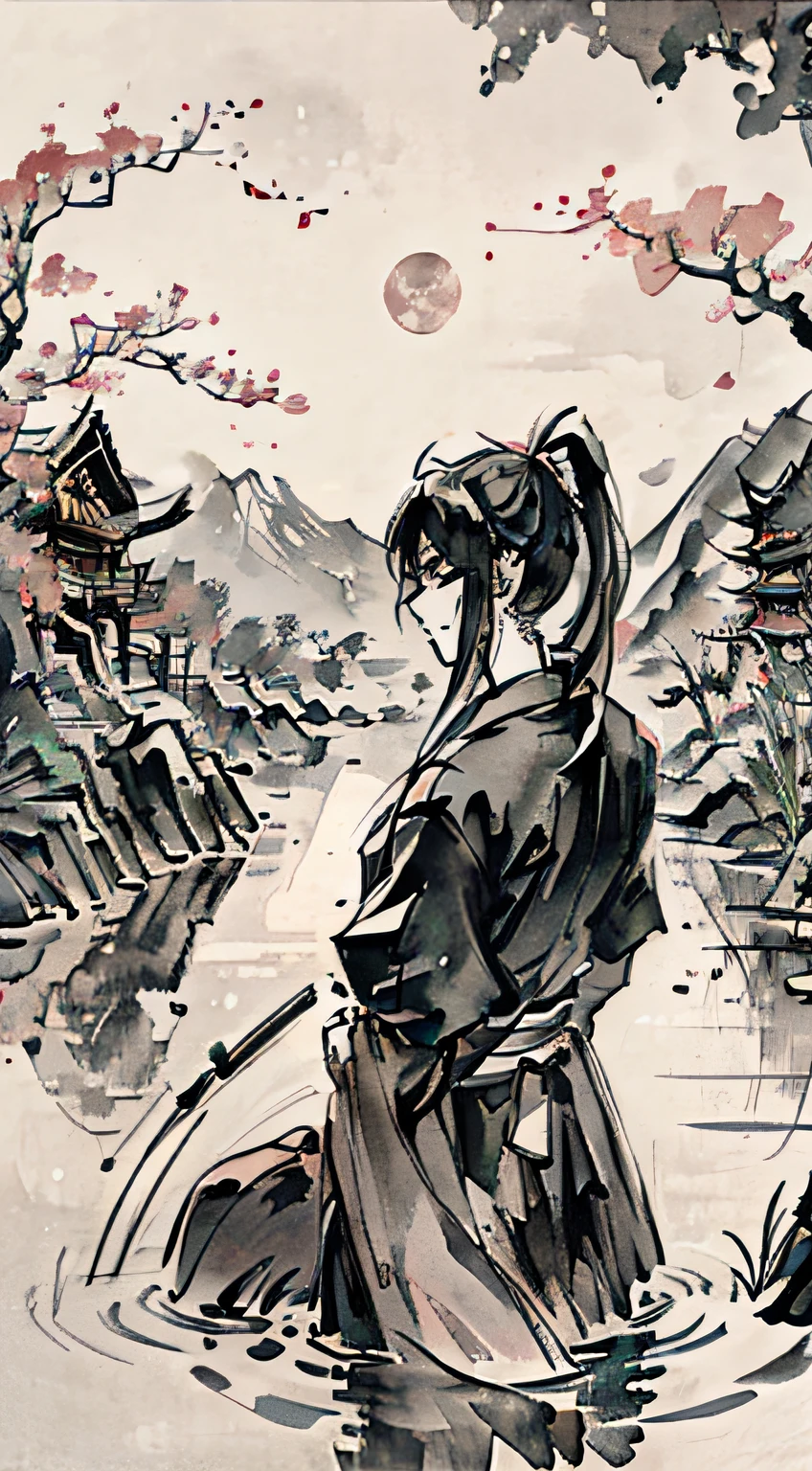 A young slender samurai man sits in the grass near the water and looks into the distance, He has long hair tied in a ponytail at the back of his head, smile face, Around it is a typical Japanese landscape: cherry blossoms, three-story pagodas, etc..D., The Moon Shone, In the background of the mountain