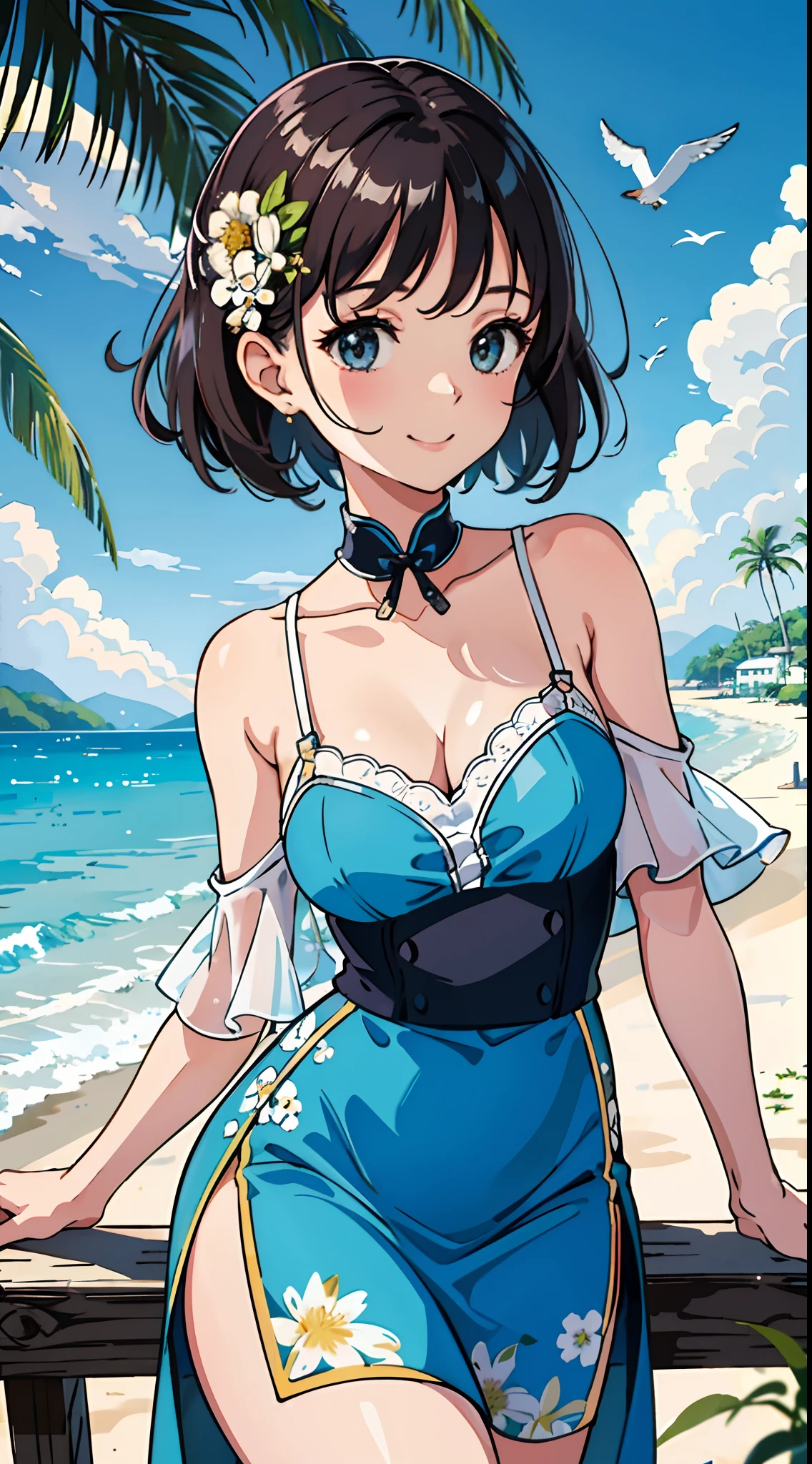 (Best quality, Masterpiece),  1girll, 10years old, Amazing, adolable, A heartwarming smile, Hourglass figure, Floral skirt, the sea，sandbeach，Slip dress，the trees，blue-sky，baiyun，seagulls，cleavage，Off-the-shoulder attire，Raised sexy，Close-up shot