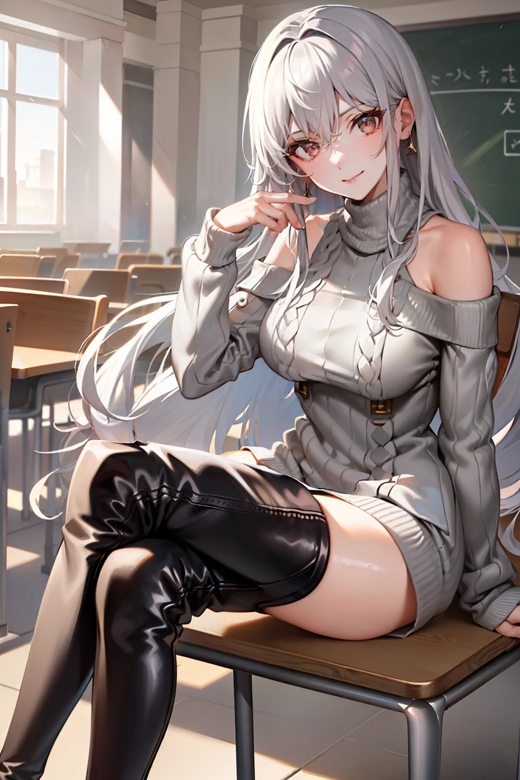 (tmasterpiece，high high quality，light grey sweater，stare，thigh boots，whaite hair，ssmile，sit on chair，Absolute realm，‎Classroom，Sitting，Crossed legs，low head，Leg details，Foot details)