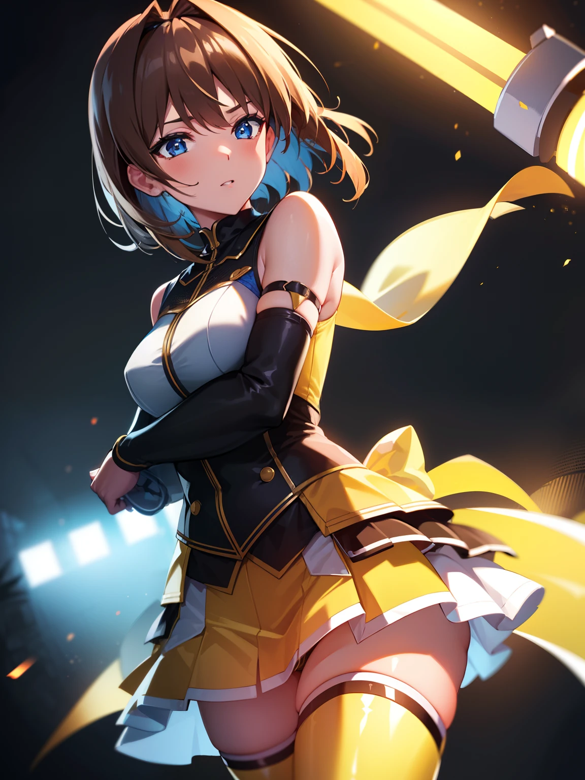 (ultra extreme details),(masterpeace),(hyper extreme),(Photorealistic),CG,(colours:1.2), Beautiful lighting,Light from the front, Solo,takamori_Haruka,Blue eyes,Brown hair,shairband,Yellow dress, white thighhighs, White skirt, Black slit sleeves,