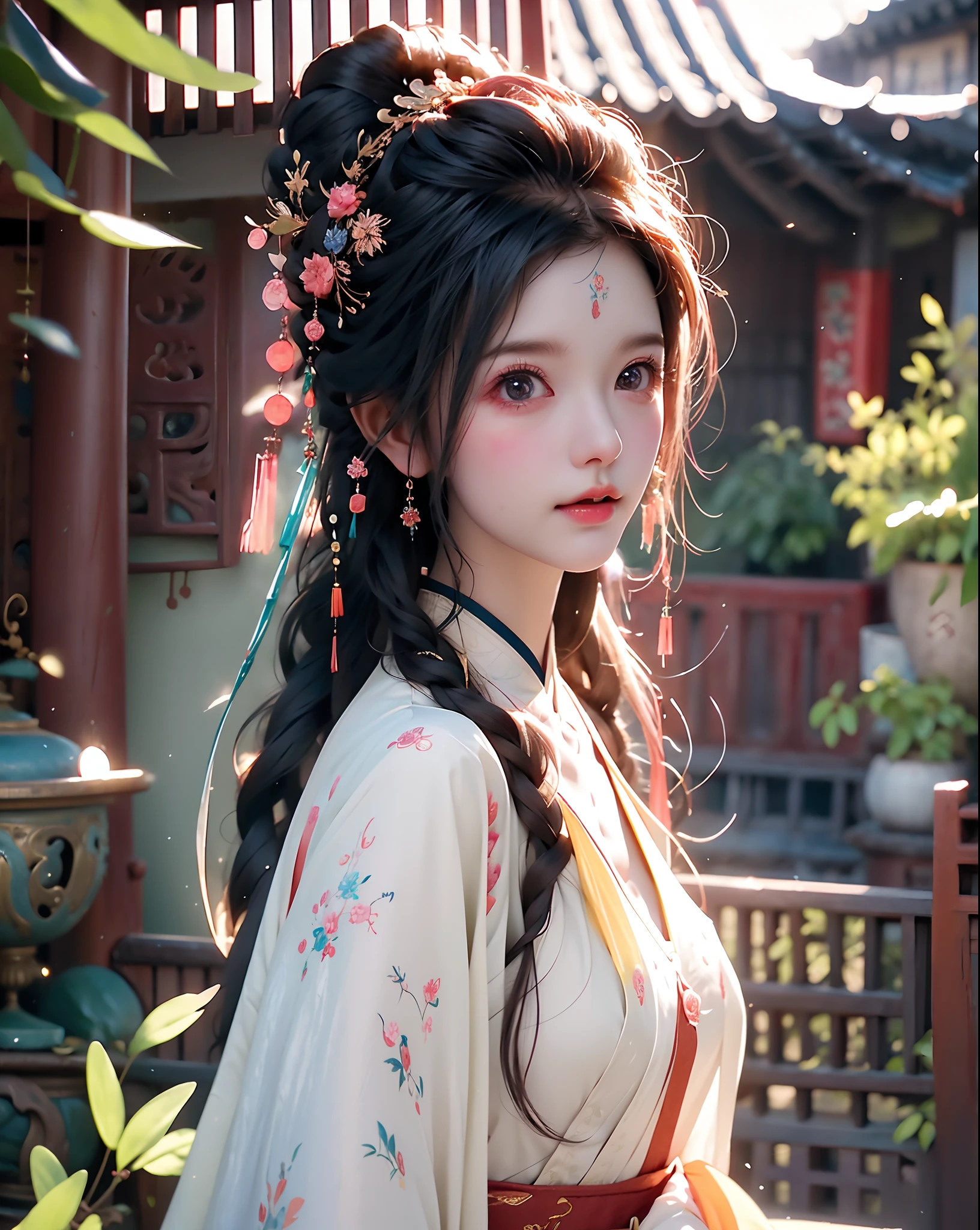 (8k, RAW photo:1.2), best quality, ultra high res,dramatic angle,(fluttered detailed color splashs), (illustration),(((1 girl))),(long hair),(rain:0.9), (头饰:1.4),少女身边有一座古宫,汉服,(重点),彩色水墨画,(泼彩),泼彩,(((colorful))),(素描:0.8) , Masterpiece, best quality, beautiful painted, highly detailed,(denoising:0.6),[splash ink],((ink refraction)), (beautiful detailed sky),moon,highly,detaild,(masterpiece, best quality, extremely detailed） CG unity 8k壁纸，杰作，最好的质量，超详细），（石蒜），