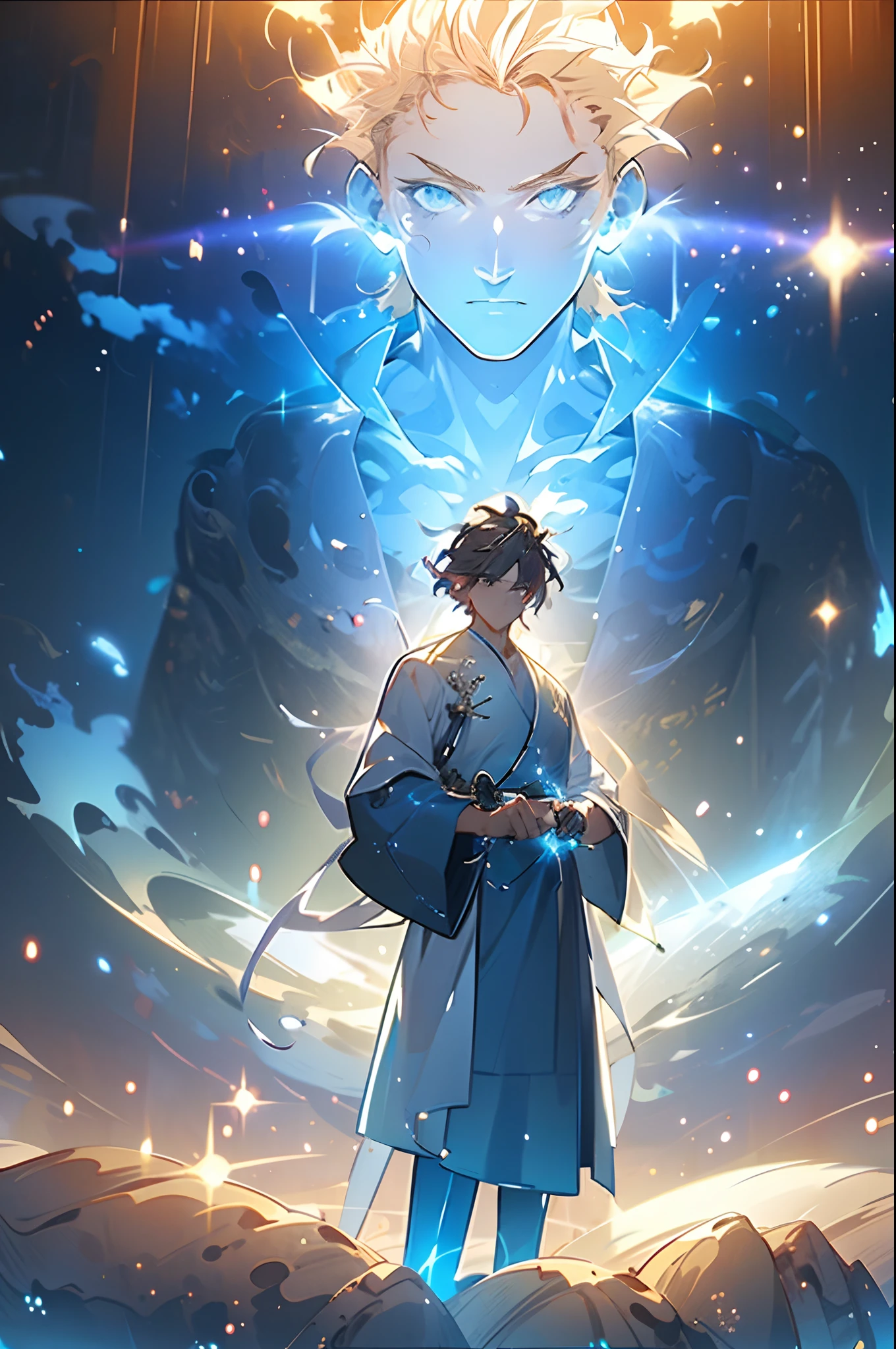 Chinese mythology，5 years old Q version ，（Wide robe），（the space），（He stood in front of a giant blue transparent mutant monkey。。。。。。：1.4），（cleanness：1.4），blue colors，Stretch your hands，swords drawn，The background is the South Heavenly Gate，Tyndall effect，Glow effects，Anime art style，Romantic graffiti，Meticulous，Realism is popular， New Fauvist style，Knolling，8K，tmasterpiece，super-fine，best qualtiy，8K，tmasterpiece，Works of masters，Detailed pubic hair，Accurate，Epic shooting，（Simian：1.5）