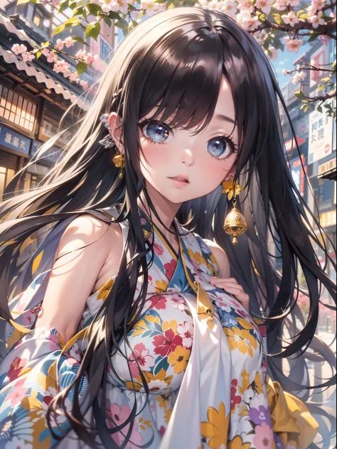Top image quality　Original Characters、City Girl、summer clothing、Long Black Hair、A city made up of Japan glass wind chimes、Huge entrance cloud、Evening glow