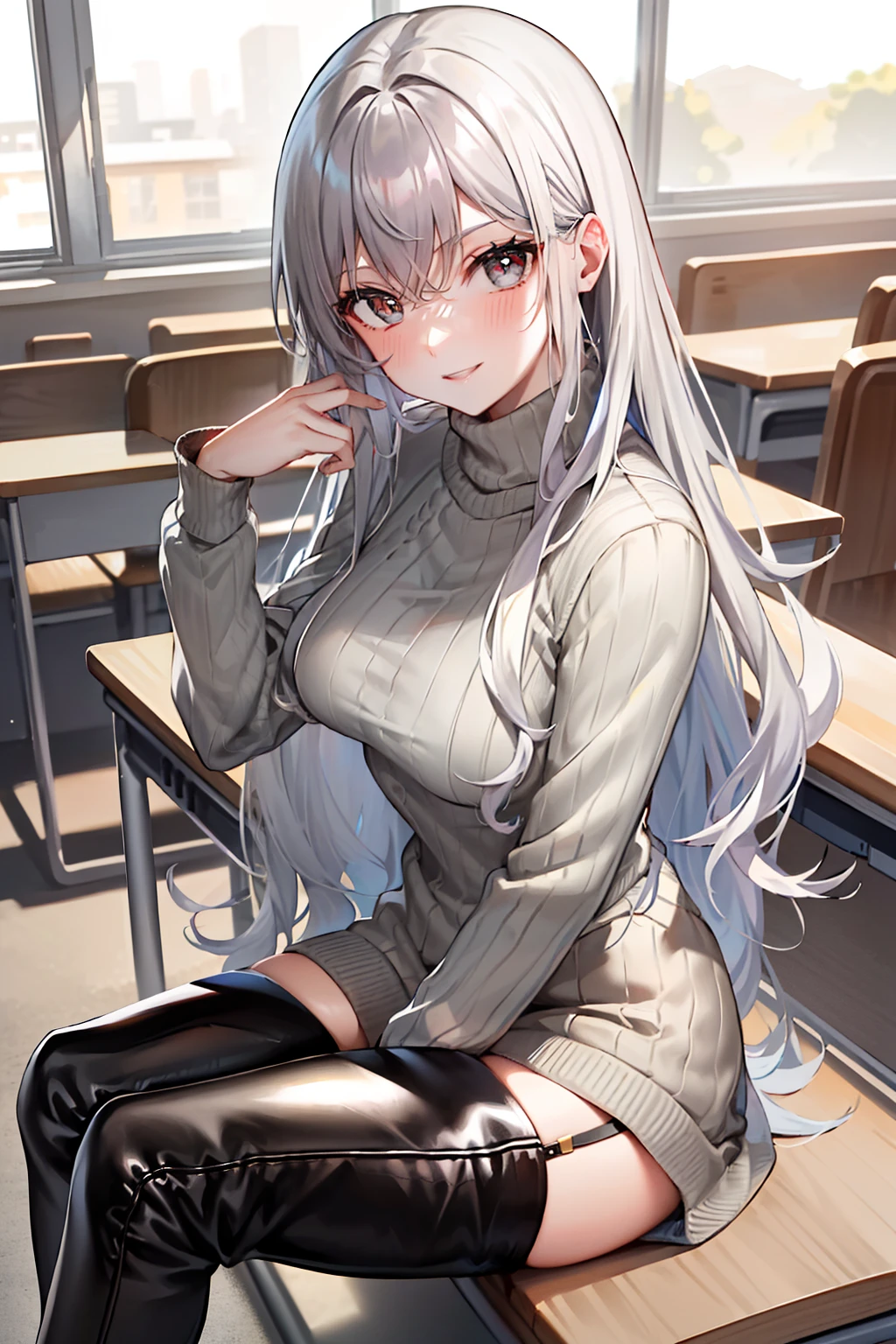 (tmasterpiece，high high quality，light grey sweater，stare，thigh boots，whaite hair，ssmile，sit on chair，Absolute realm，‎Classroom，Sitting，Crossed legs，low head)