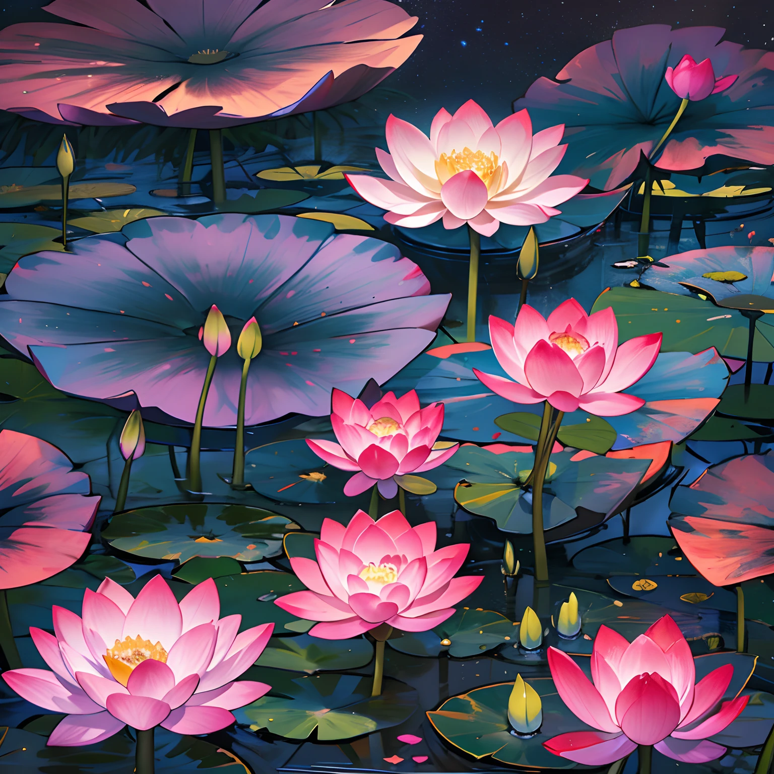 A mysterious place with no sun or moon, but a vibrant lotus pond with blooming flowers, colorful petals, and enchanting fragrance. The surroundings are dim and mysterious, as if in another world.,in the style of the stars art group xing xing, 32k, best quality, masterpiece, super detail, high details ,