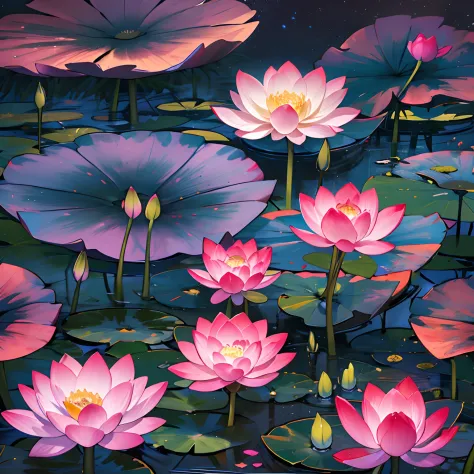 A mysterious place with no sun or moon, but a vibrant lotus pond with blooming flowers, colorful petals, and enchanting fragranc...