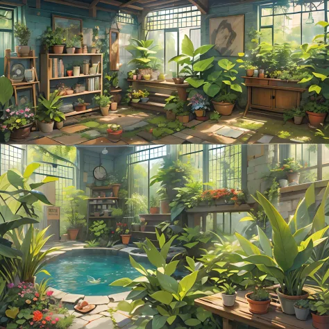 A room filled with sunlight, with a pool in the middle filled with various aquatic plants, lush green leaves dripping with water droplets, gardening tools and fertilizers in the corner of the room, ,in the style of the stars art group xing xing, 32k, best ...