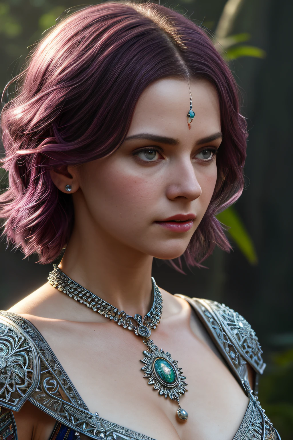 high quality full length portrait,  RAW photo of  european woman warrior goddess, small breasts,  short dark pink hair, natural pale skin texture, jeweled diadem, silver necklace, night, woods, short depth of field, intricate, elegant, detailed textures, sharp focus, coiled arm band, bracelets, neck chain, silver nail polish, posing hands on hips, ultra high pixel detail, cinematic, intricate, cinematic light, concept art, art station, realistic, movie scene, cinematic, high quality, craig mullins and wayne barlowe style, full colors, incredibly detailed, 4k, 8k, erotic,