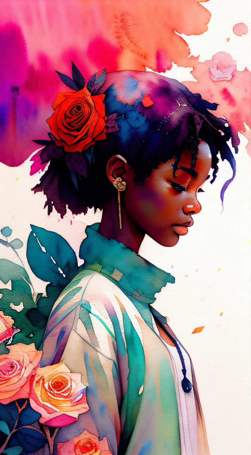 wtrcolor style, (rose) digital art, official art, blown by the wind, masterpiece, beautiful, ((watercolor)), paint splatter, intricate detail. Great detail, [dripping:0.7], Trending on Artstation, Rachel Walker