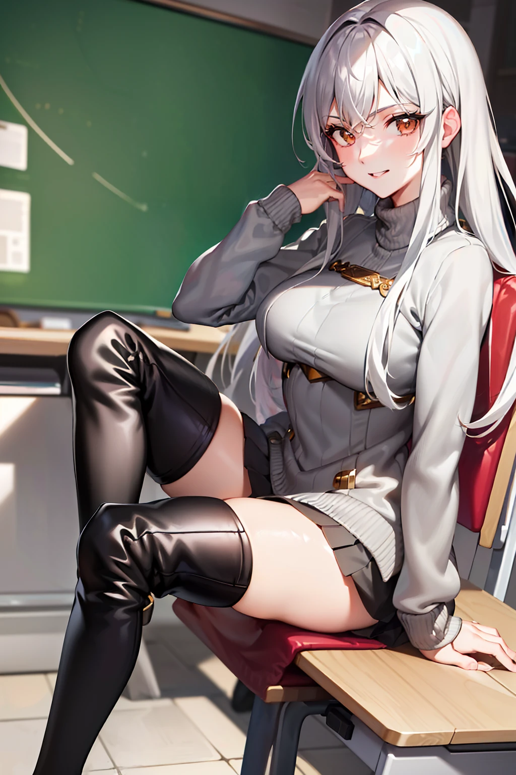 (tmasterpiece，high high quality，light grey sweater，stare，thigh boots，whaite hair，ssmile，sit on chair，Absolute realm，‎Classroom，Sitting，Crossed legs，low head，Leg details，Foot details，detail in face)