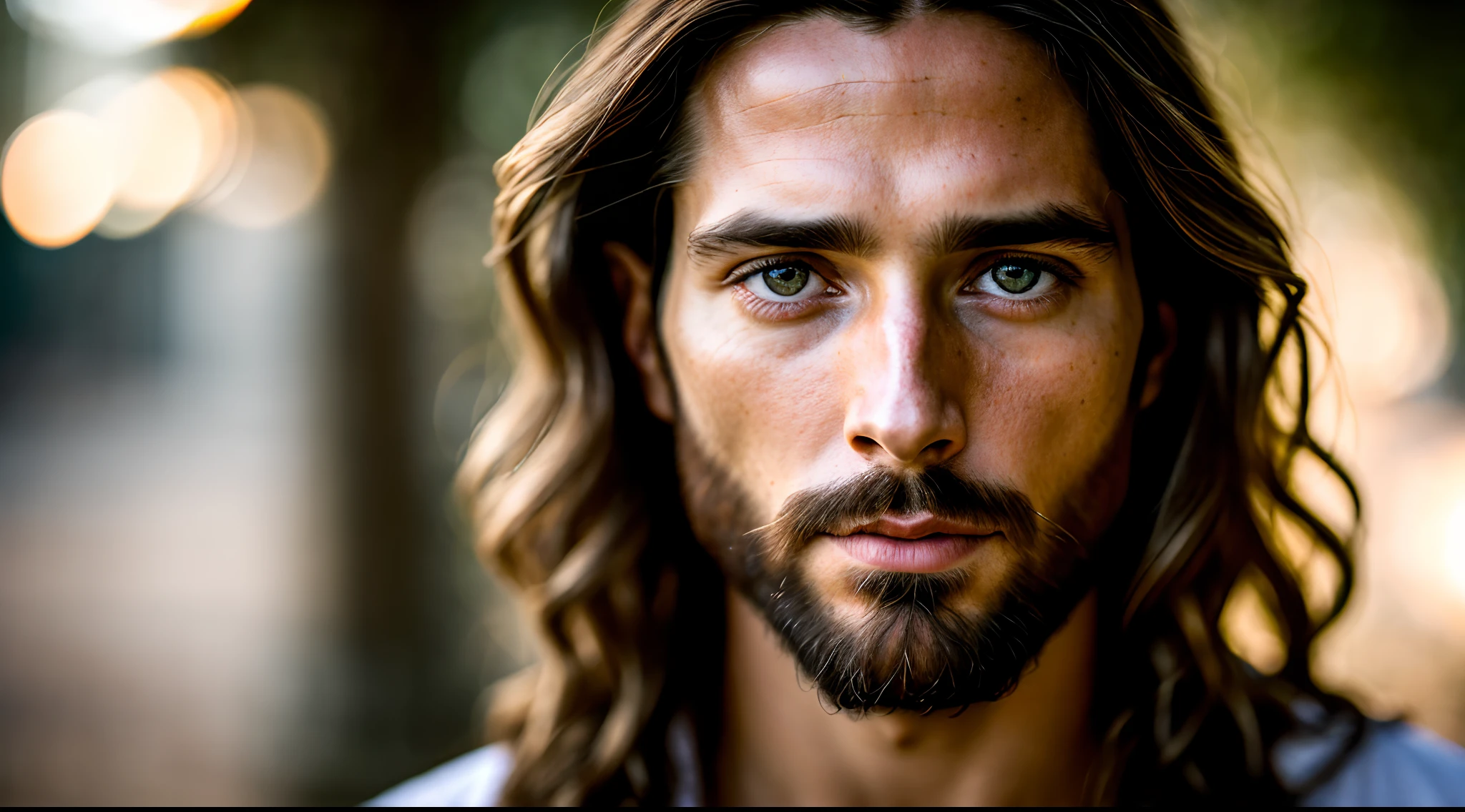 portrait of modern day Jesus, cinematic lighting, depth of field, bokeh, realism, photorealistic, hyperrealism, professional photography, uhd, dslr, hdr