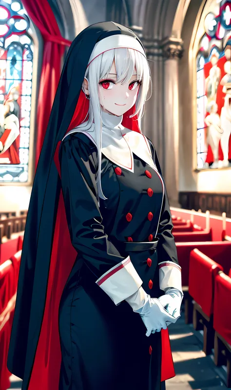 nun, standing with red liquid on her face, The girl stands and looks at the camera, red liquid on the face , A veil on his head,...