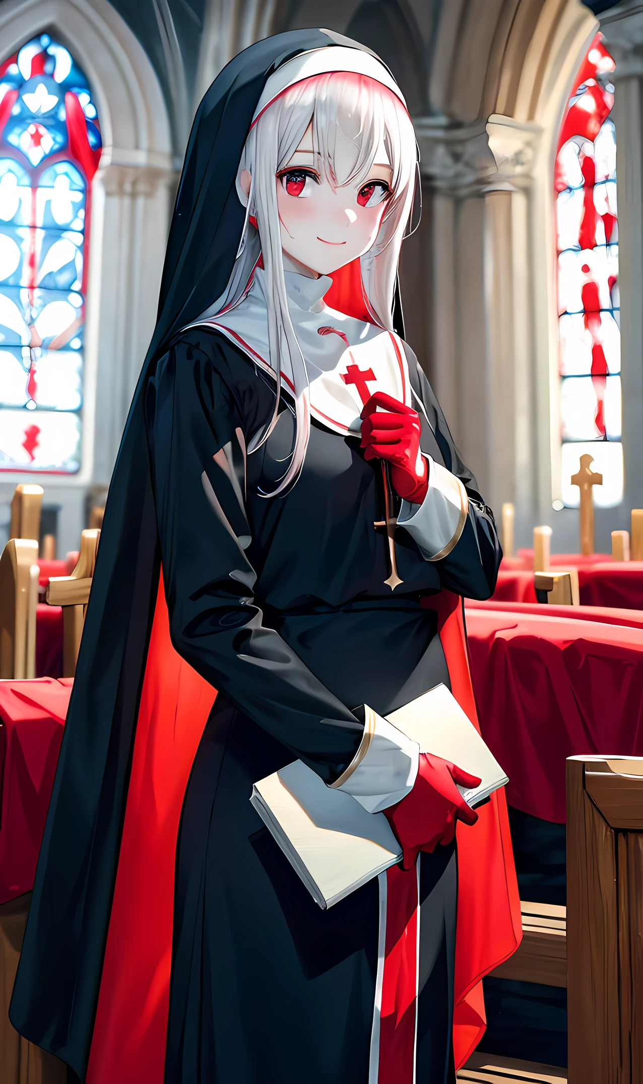 nun, standing with red liquid on her face, The girl stands and looks at the camera, red liquid on the face , A veil on his head, Hair yellow, white gloves, Master Works, The best picture quality, high detail, Ultra-high resolution, 8K resolution, ((Графика 8k)) High-quality detailed graphics, ((Masterpiece)), Top Quality, accuracy, ((((super detaill)))), wound, Bleeds, frontal view, is looking at the camera, psyche, ssmile, red-eyes, church background, church,