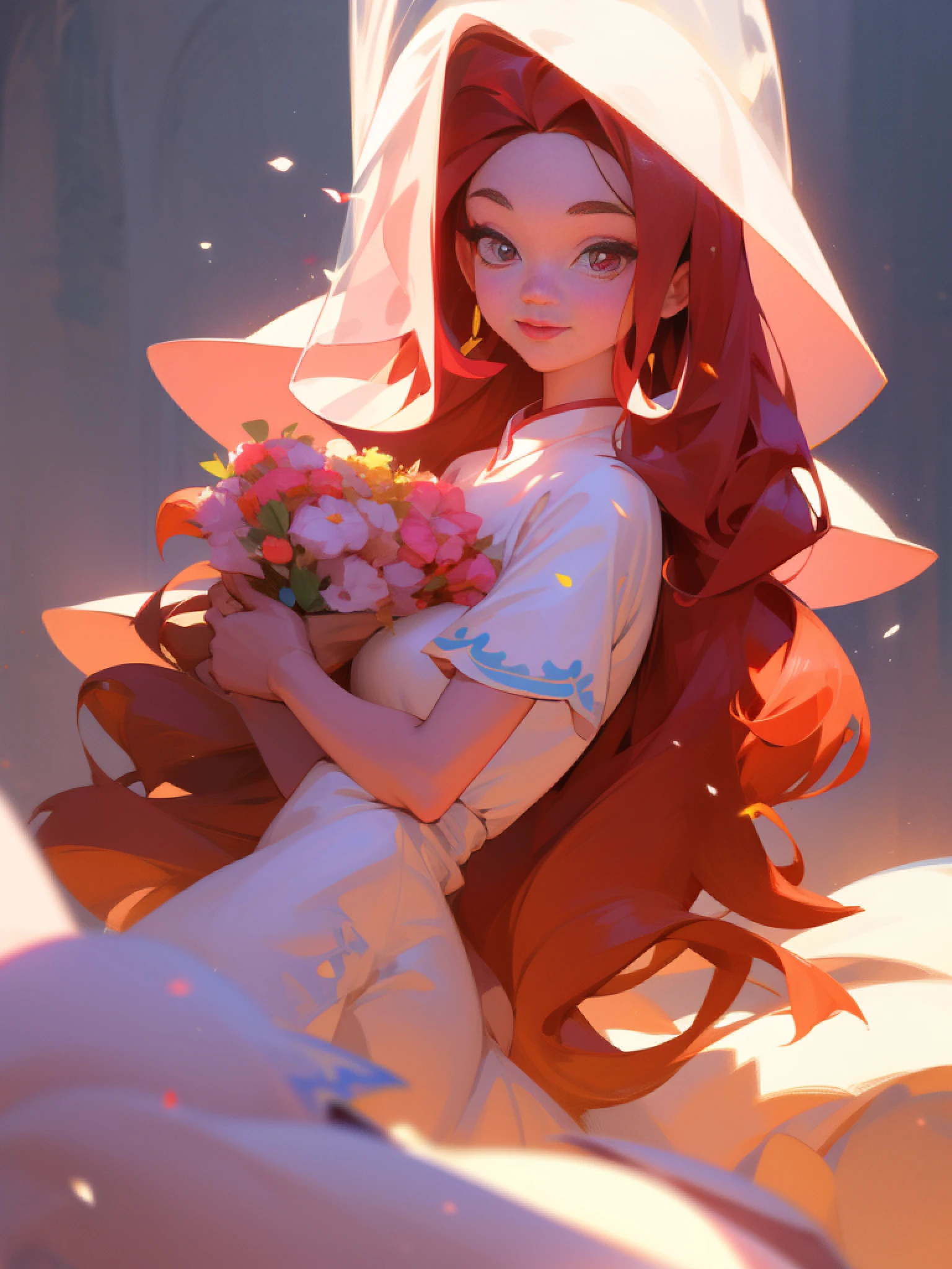 Long Light Hair，close to face，Chinese big eyes girl with lipstick on her lips, Realistic scene style, Light pink and light maroon, Bouquet in hand，Wearing a veil，Smiling，I can't believe how beautiful this is, pixar-style,  pixar-style, pixar-style, pixar-style,Light white and dark pink, cartoon character，exquisite facial features，s delicate face。