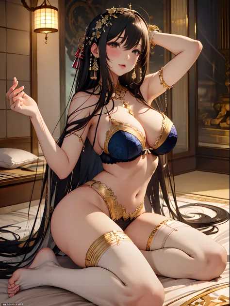 （Enrich the picture，Masterpiece level quality）Beautiful 8K CG artwork，Goddess-like posture，Kneeling exercise，Slim and soft，Translucent skin，Black hair、The beauty of extra-long hair, Super Long Straight Hair，The skin is fair and juicy，Big breasts underwear ...
