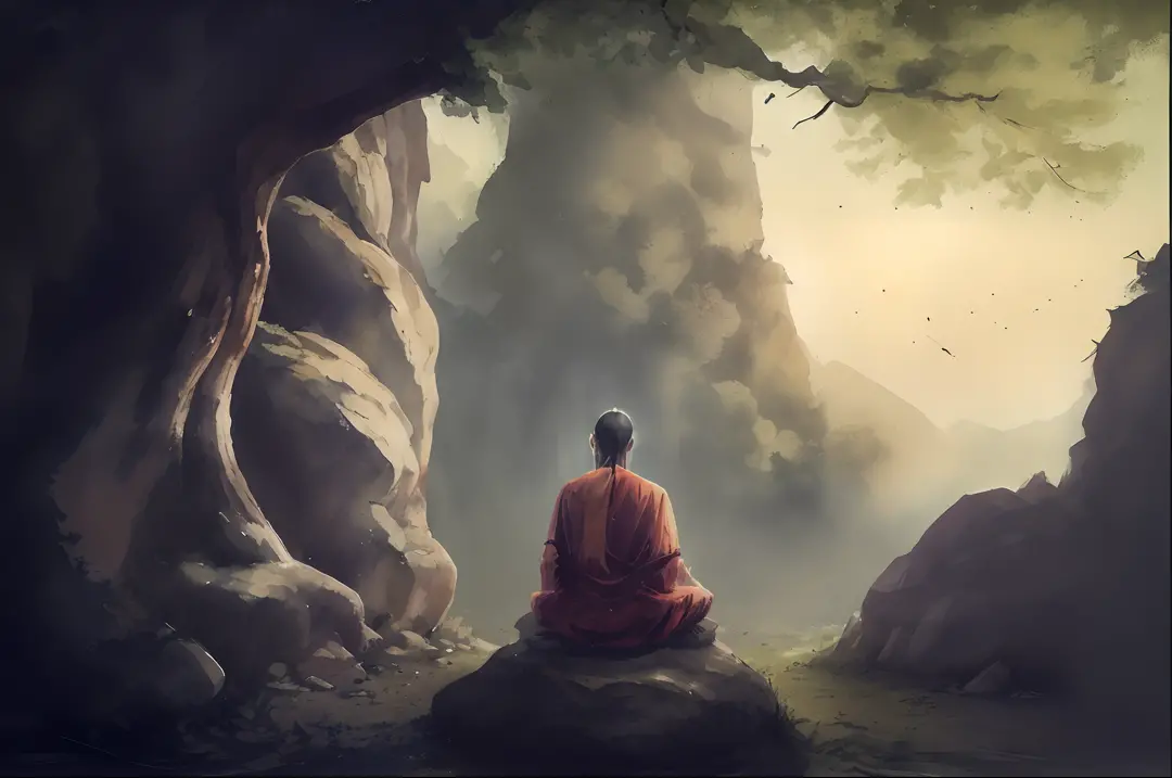 There is a man sitting on a rock in a forest, monge meditar, Budismo, Monge Budista meditando, zen méditation cyberpunk, Zen Med...