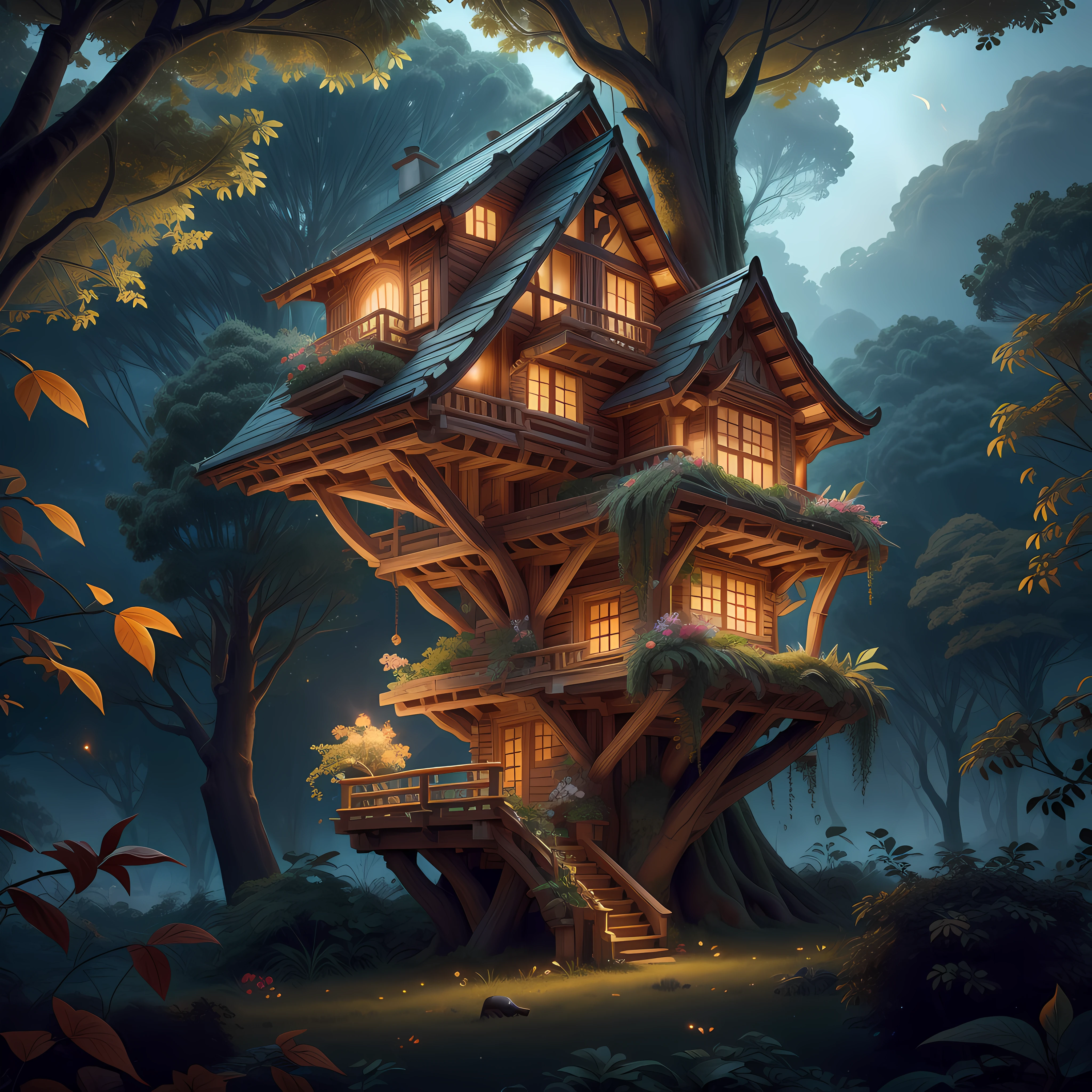 at night, many fire fly, fire.fly, many fire fly flying, many fire fly on flowers, night sky, cloudy sky, small tree house, elf house, small old house, many trees, flowers, beautiful, fantasy, high detailed, 8k, 8k, sun shadow, movie lightning, 8k, RAW photo, best quality, masterpiece, high detail RAW color photo, high detailed, 16k, 16k, animals, trees, freedom, relax, 8k, RAW photo, best quality, masterpiece, high detail RAW color photo, dramatic lighting, cinematic lighting, back light, professional lighting,