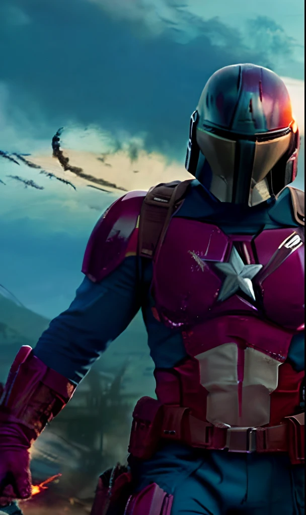 Extremely detailed and ultra - realistic full body illustration of captain America as a Mandalorian, his helmet retaining the trademark winged A design of his classic mask, blended seamlessly with the traditional Mandalorian T - visored helmet. The helmet's reflection captures the intensity of the battle scene around him. He's holding his iconic shield, which now shows a blend of vibranium and beskar steel aesthetics, reflecting the world around him in its polished surface. His posture is vigilant and ready for combat. The backdrop is a gritty, smoke - filled battlefield under an overcast sky, as if rendered by Unreal Engine 5, giving a tangible sense of looming danger and high stakes. This piece carries an anime influence as inspired by the Niji model, adding a stylized edge to the hyper - realism. Portrait orientation with a ratio of 9: 16 completes the epic composition, BREAK BREAK BREAK