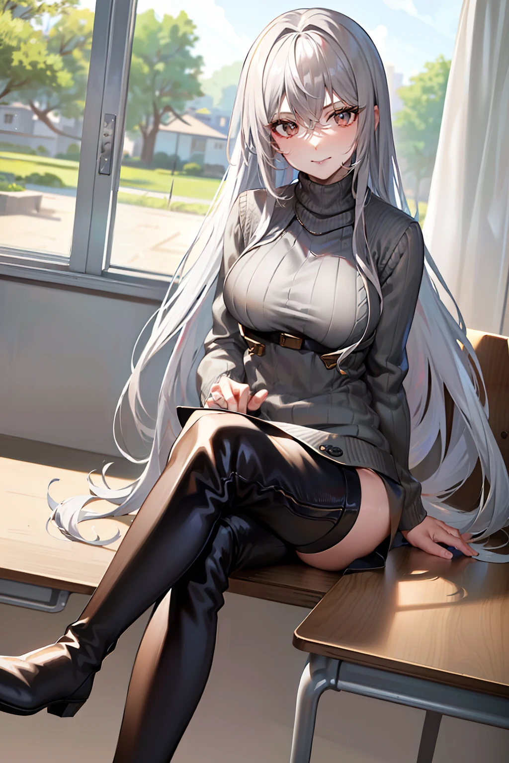 (tmasterpiece，high high quality，light grey sweater，stare，thigh boots，whaite hair，ssmile，sit on chair，Absolute realm，‎Classroom，Sitting，Crossed legs，low head，Leg details，Foot details)