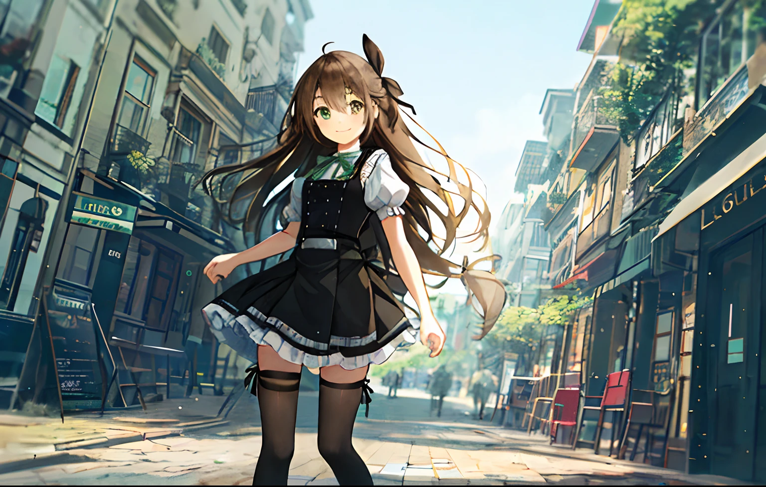 offcial art,1girll, Long hair, Solo, view the viewer, standing,Smile,Green eyes, black thighhigns, Black vest,Hair ribbon, Liu_,Building,Smile, (Dutch angle:0.8), Closed mouth,Outdoors,City,looks away,High contrast,A high resolution,