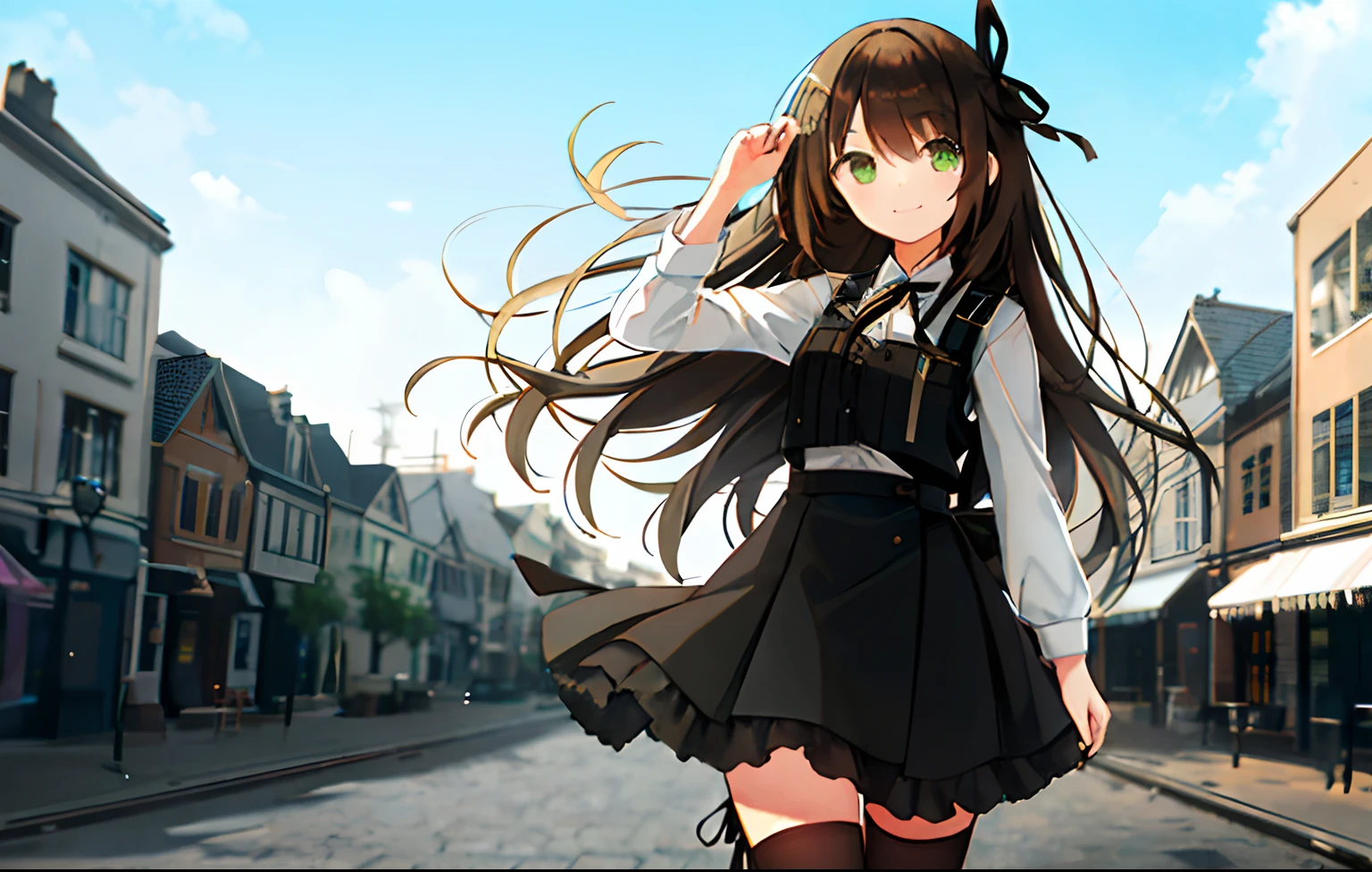 offcial art,1girll, Long hair, Solo, view the viewer, standing,Smile,Green eyes, black thighhigns, Black vest,Hair ribbon, Liu_,Building,Smile, (Dutch angle:0.8), Closed mouth,Outdoors,City,looks away,High contrast,A high resolution,