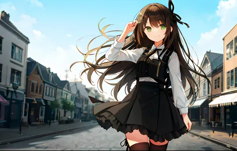 offcial art,1girll, Long hair, Solo, view the viewer, standing,Smile,Green eyes, black thighhigns, Black vest,Hair ribbon, Liu_,...