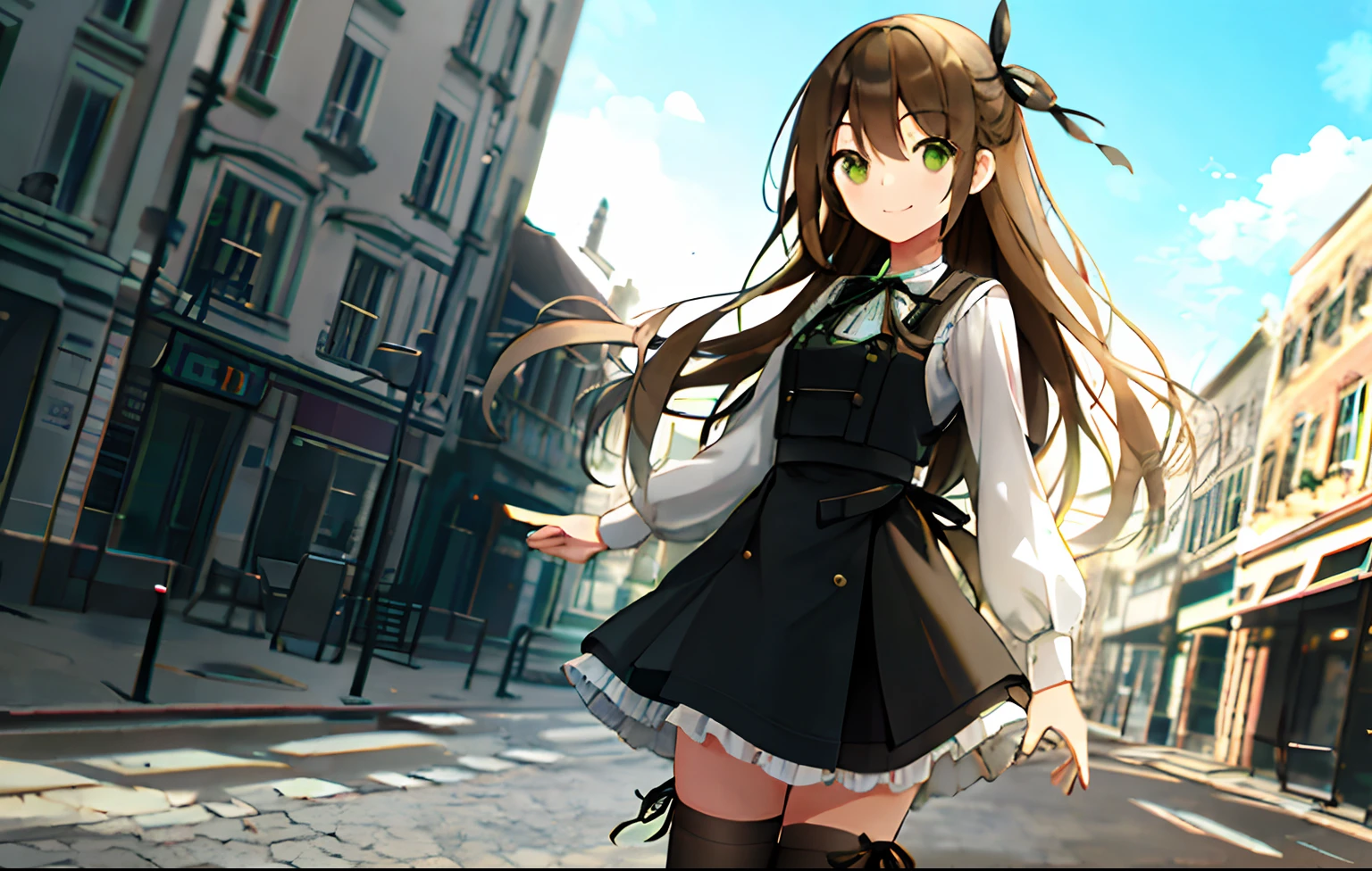 offcial art,1girll, Long hair, Solo, view the viewer, standing,Smile,Green eyes, black thighhigns, Black vest,Hair ribbon, Liu_,Building,Smile, (Dutch angle:0.8), Closed mouth,Outdoors,City,looks away,High contrast,A high resolution,