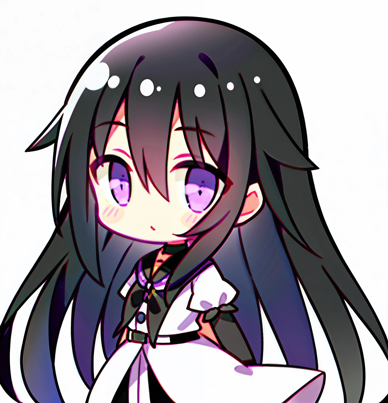 Extra-long black hair，A  with purple eyes，It's kind of cute，Simple white clothes ，Hair drooping