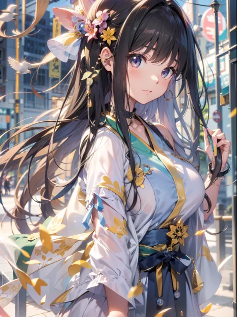 Top image quality　Original Characters、City Girl、summer clothing、Long Black Hair、A city made up of Japan glass wind chimes、Huge entrance cloud、Evening glow