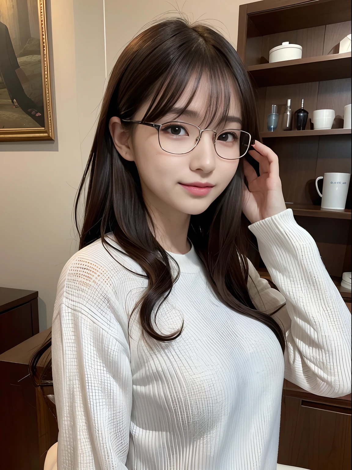in 8K、top-quality、​masterpiece、Ultra-detail、超A high resolution、profetional lighting、1 17-year-old girl、portlate、Fashionable hairstyle、floated hair、Tear bag、double eyelid、Gentle eyes、azure eyes、耳Nipple Ring、A slight smil、eye glass