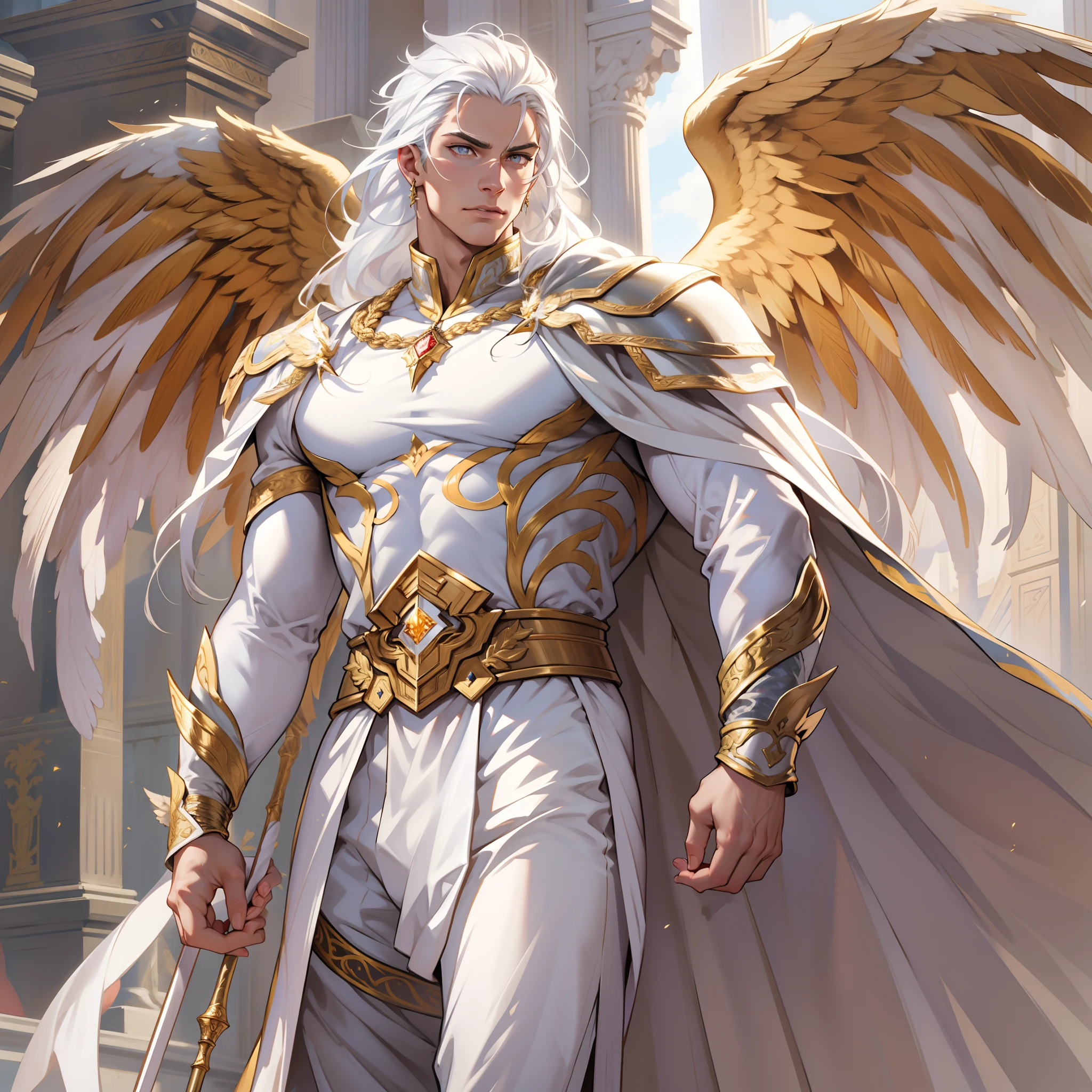 Caius is a handsome male, stands at 7ft tall. He has an athletic body structure. He wears royal attire thats silver and gold. He has beautiful long white silky hair and a golden eye color. He is seen with a staff. He has huge white wings. A big bulge in his pants. White Phoenix human form. His hair is braided back. Bara. Roman nose. Muscular. Defined jawline. Palace