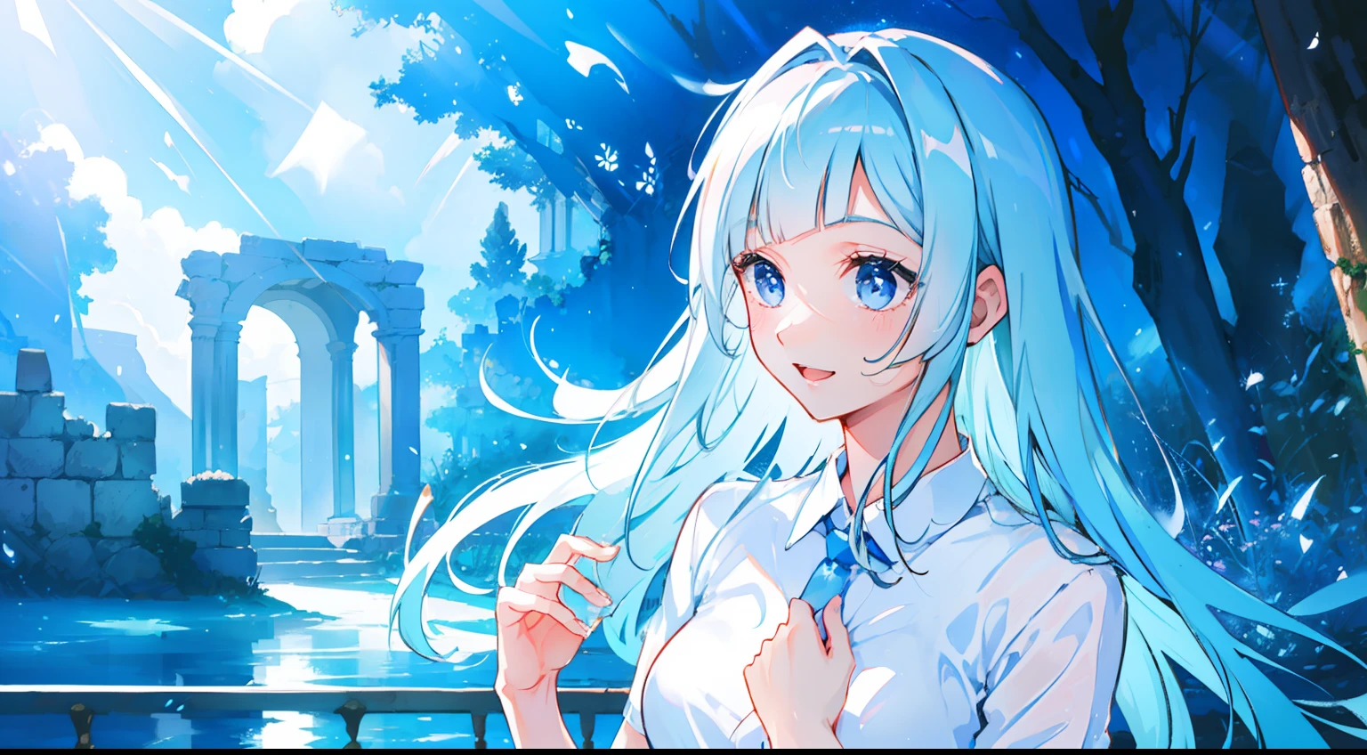 masterpiece,gorgeous, high details,1girl, traced lights,wallpaper, blue eyes,happy, laughing, laugh, cute, femine, delicate, ancient, ruins detailedbckground,colorfull, innocent, cozy, intimate BREAK miwakasumi, light_blue_hair,blunt bangs, long hair, nature BREAK white shirt