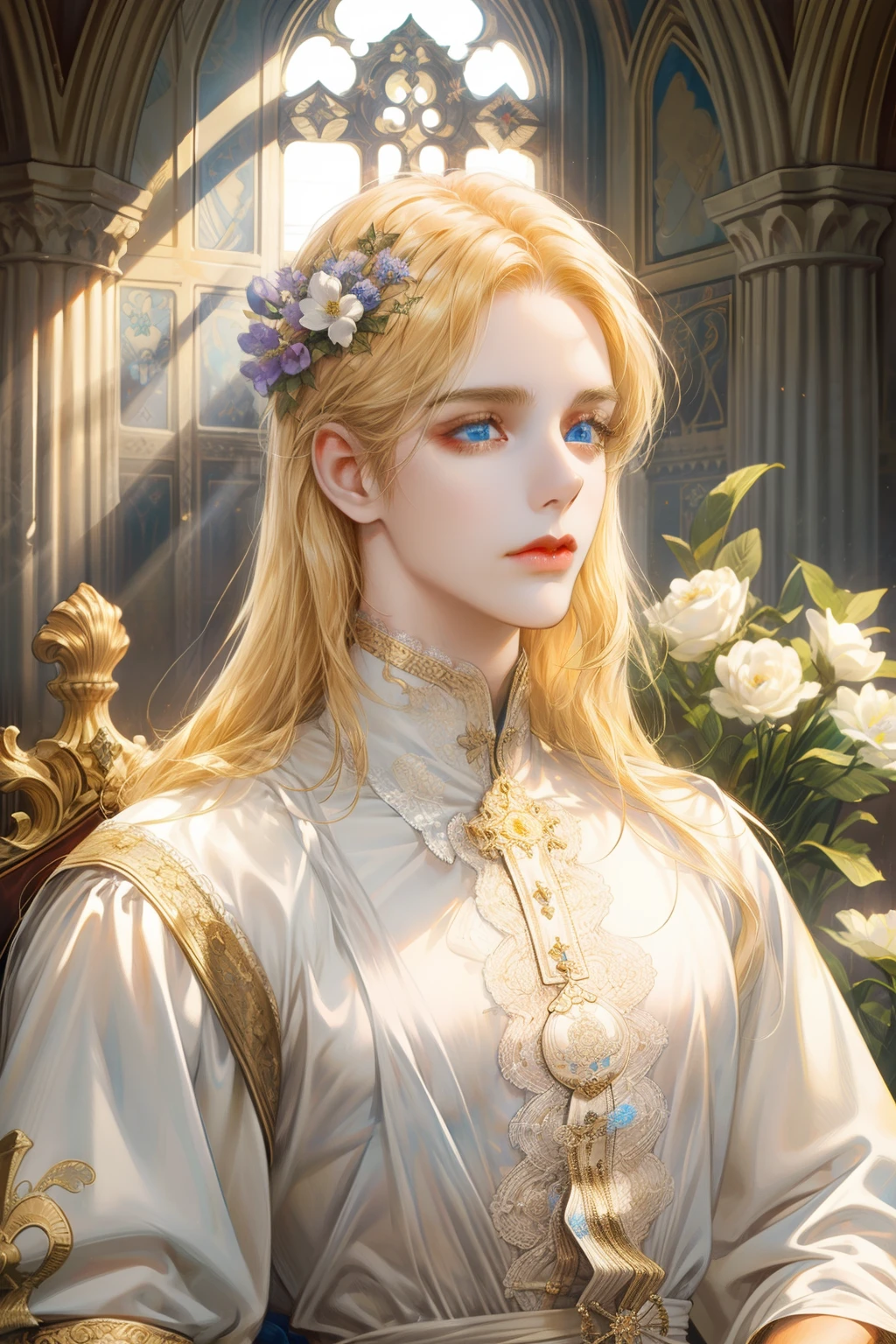 1 man, Realistic, master-piece, bestquality, Beautiful, detailed eyes and detailed faces.,natural light, Medieval Fantasy, European retro, White shirt, lace, Long golden hair, blue eyes, attractive, Decorative flowers, sunbeam