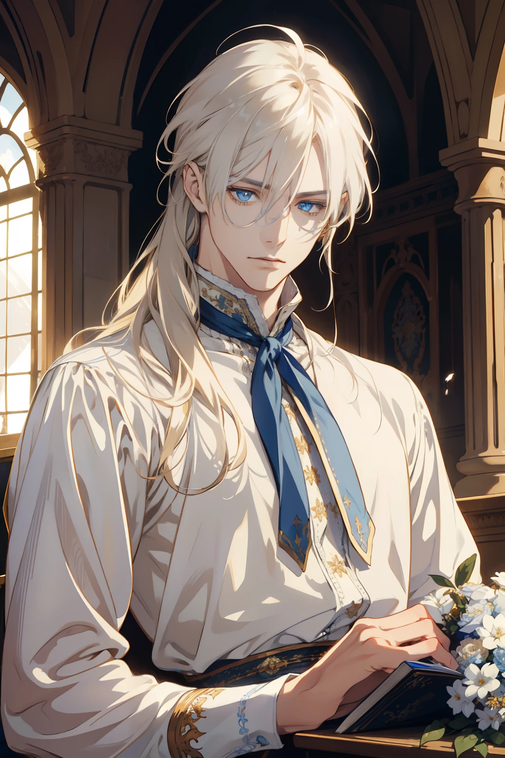 1 Boy, Realistic, master-piece, bestquality, Beautiful, detailed eyes and detailed faces.,natural light, Medieval Fantasy, European retro, White shirt, Long golden hair, blue eyes, attractive, depressed, Decorative flowers, sunbeam, innocent, read