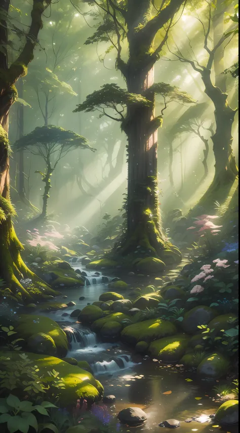 A breathtaking forest scene with tall trees reaching for the sky, sunlight filtering through the leaves, casting a golden glow on the forest floor. Small streams trickle through the moss-covered rocks, creating a serene ambiance. Delicate branches adorned ...