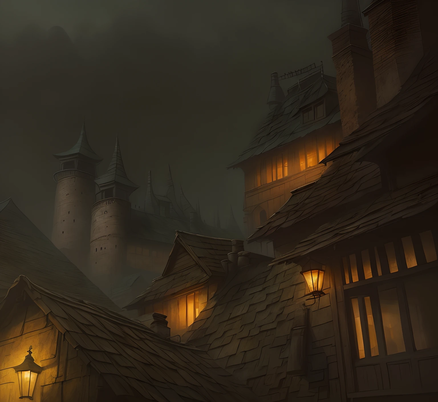 There are roofs of old houses, which offer a view of the gateways, concept illustration, higly detailed, Lighting Study, atmospheric,  gloomy atmosphere,  Foggy alleys in the distance, dreary atmosphere, Very realistic, old roofs of houses, Old houses!