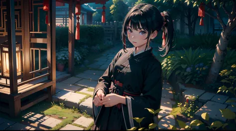 （（tmasterpiece，best qualtiy）），illustratio，Ultra-detailed 8K，Photorealsitic，Clear focus，A highly detailed，Professional lighting，Colorful Detailed，(Rural China，In the yard，A 10-year-old girl，Wear clothes full of patches，Black colored eyes，Short black hair)
