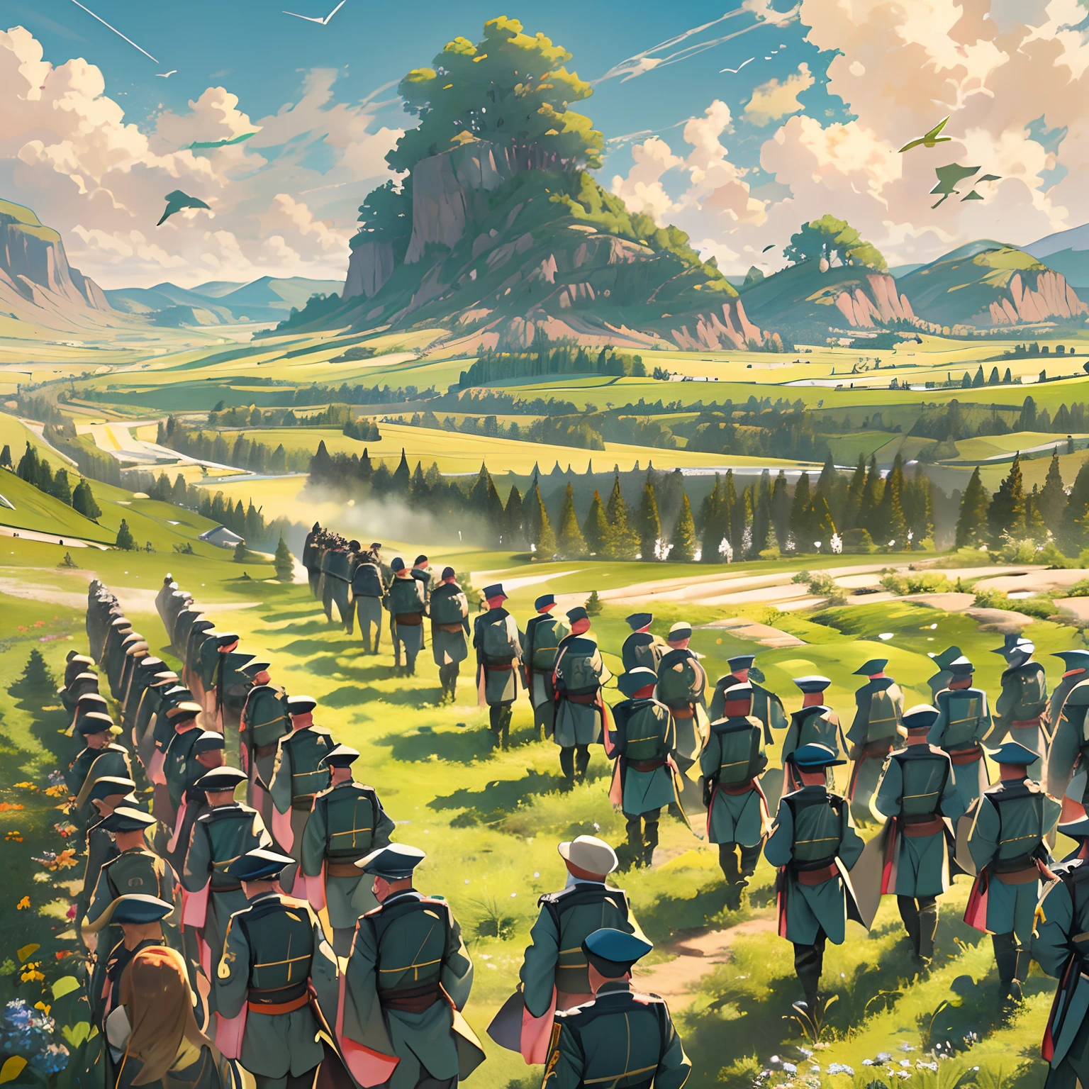 A person looking up at a distance, a massive military formation marching towards them, each person in the formation wearing neat military uniforms, with powerful steps and imposing momentum, surrounded by vast grasslands and blue sky, with the sunlight shining down, casting long shadows on the ground, ,in the style of the stars art group xing xing, 32k, best quality, masterpiece, super detail, high details ,